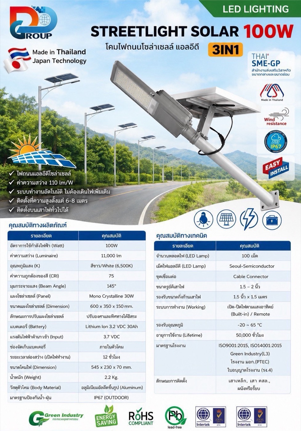 โคมไฟถนนโซลาร์เซลล์ 100W (3IN1)